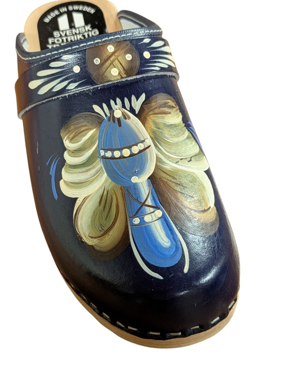 Swedish Wooden Clogs Navy Floral Hand-Painted Leather Size 37 - Picture 3 of 12